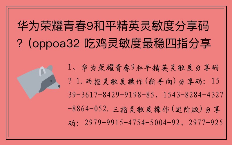 华为荣耀青春9和平精英灵敏度分享码？(oppoa32 吃鸡灵敏度最稳四指分享码？)